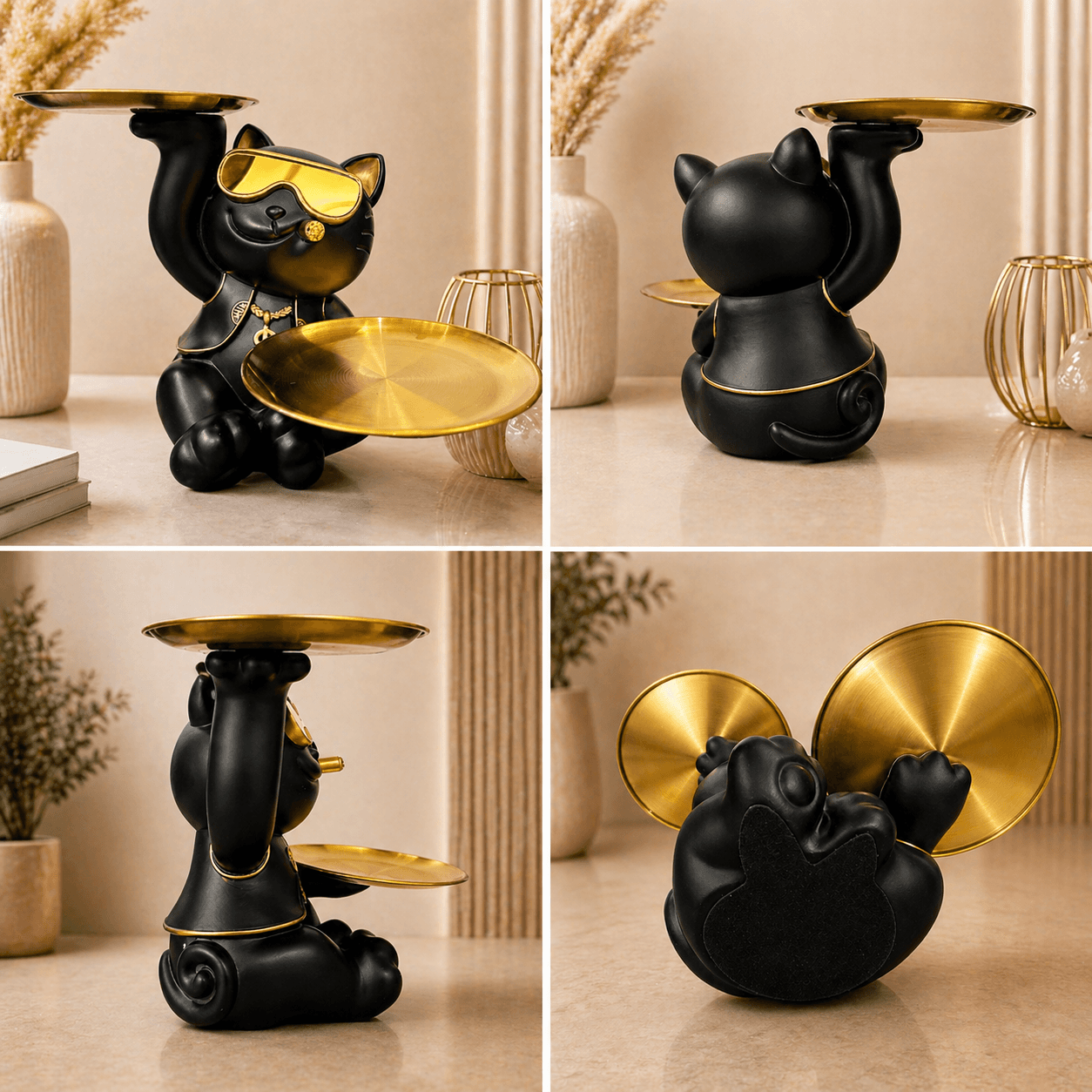 Luxury Black Cat Tray Showpiece with Golden Plates | Modern Decorative Organizer & Home Accent