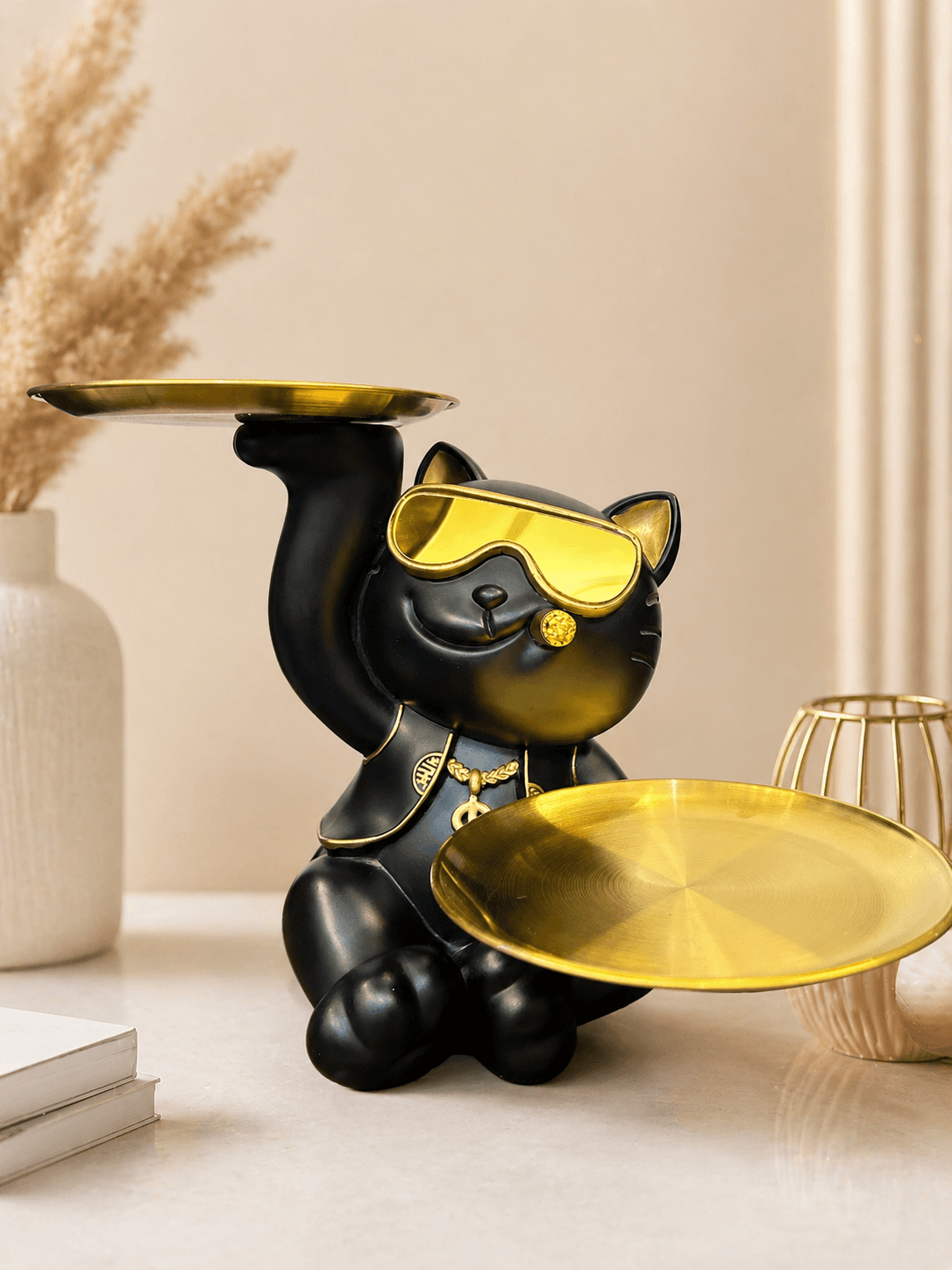 Luxury Black Cat Tray Showpiece with Golden Plates | Modern Decorative Organizer & Home Accent preview 2