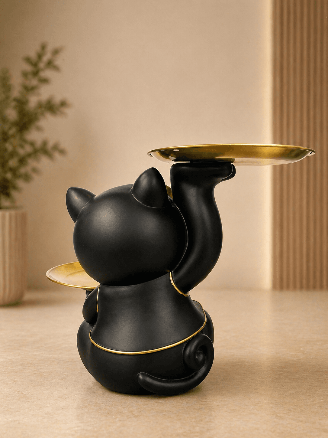 Luxury Black Cat Tray Showpiece with Golden Plates | Modern Decorative Organizer & Home Accent preview 3