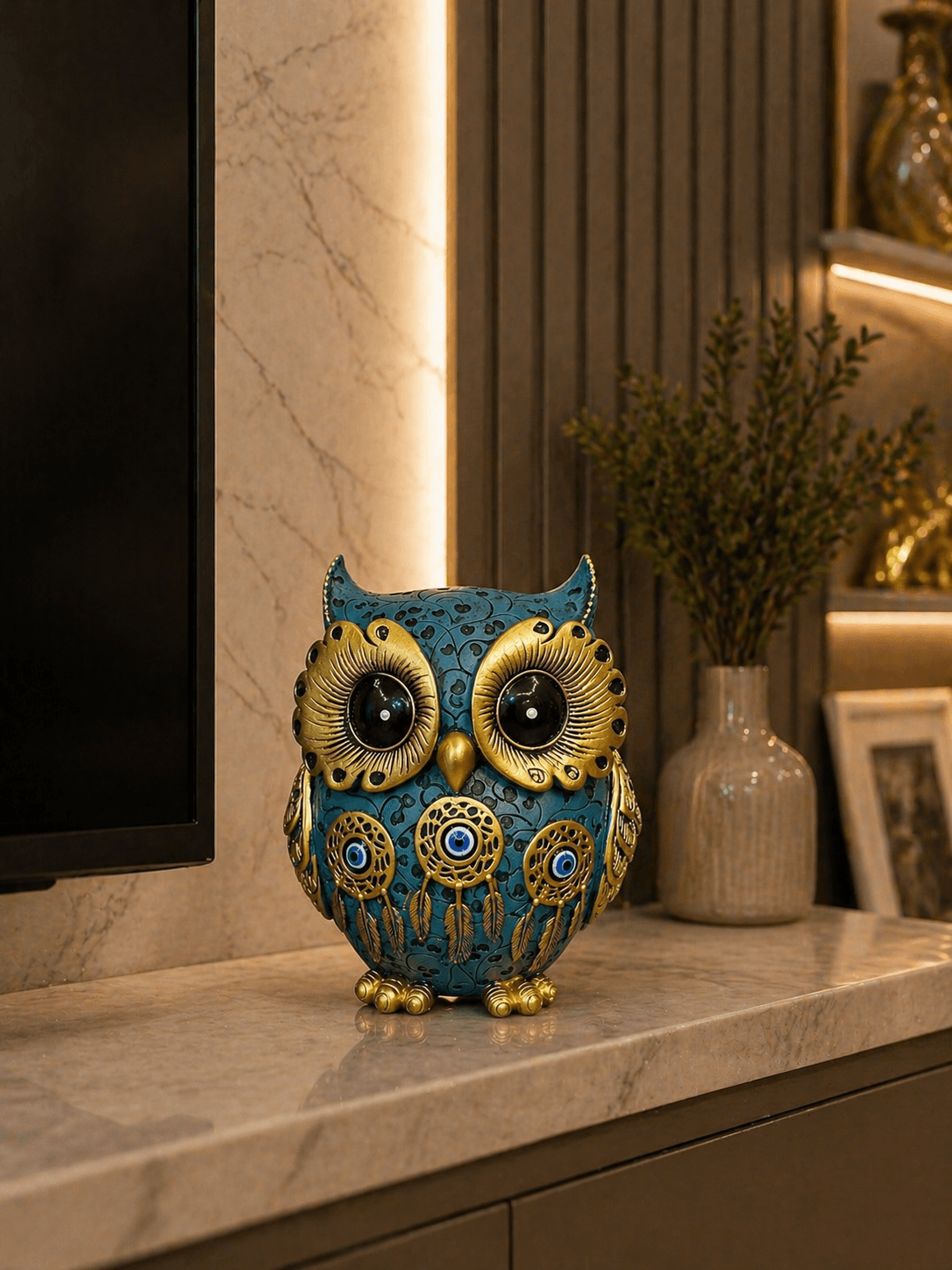 Blue & Gold Owl Showpiece for Home Decor | Modern Decorative Owl Figurine for Living Room & Office preview 2