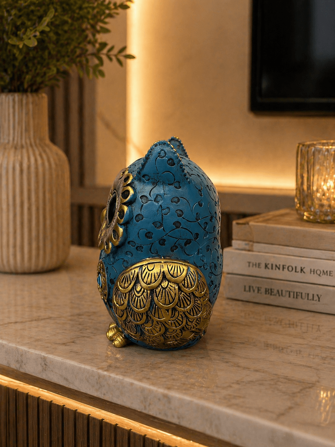 Blue & Gold Owl Showpiece for Home Decor | Modern Decorative Owl Figurine for Living Room & Office preview 3