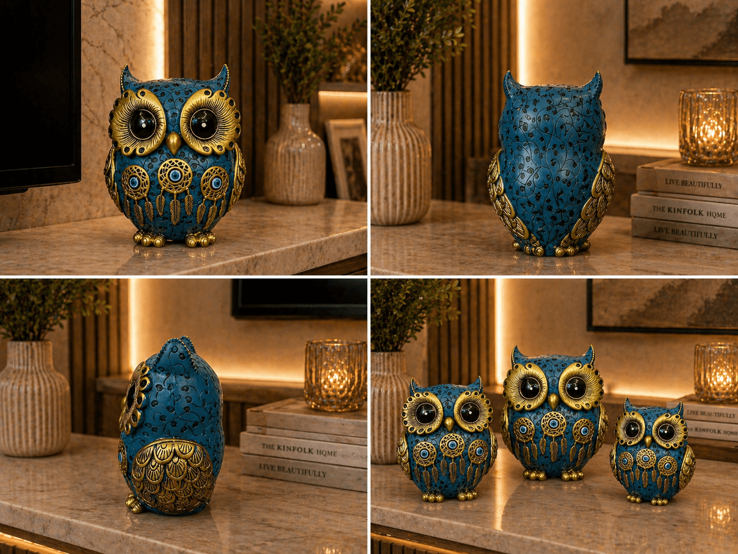 Blue & Gold Owl Showpiece for Home Decor | Modern Decorative Owl Figurine for Living Room & Office preview 5