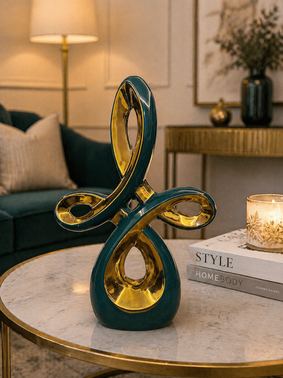 Luxury Abstract Teal & Gold Ceramic Showpiece for Living Room | Modern Home Decor Statue