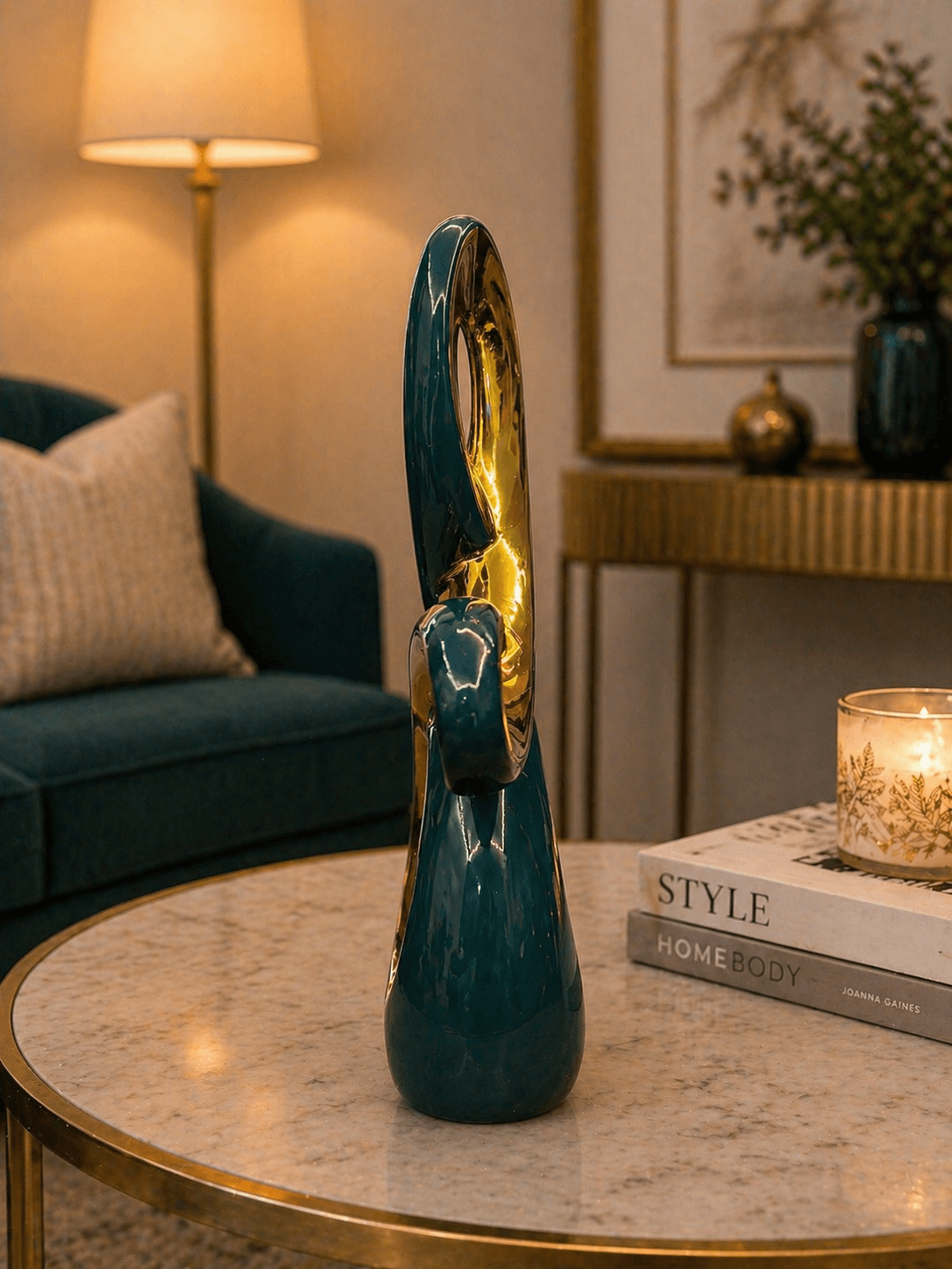 Luxury Abstract Teal & Gold Ceramic Showpiece for Living Room | Modern Home Decor Statue preview 2
