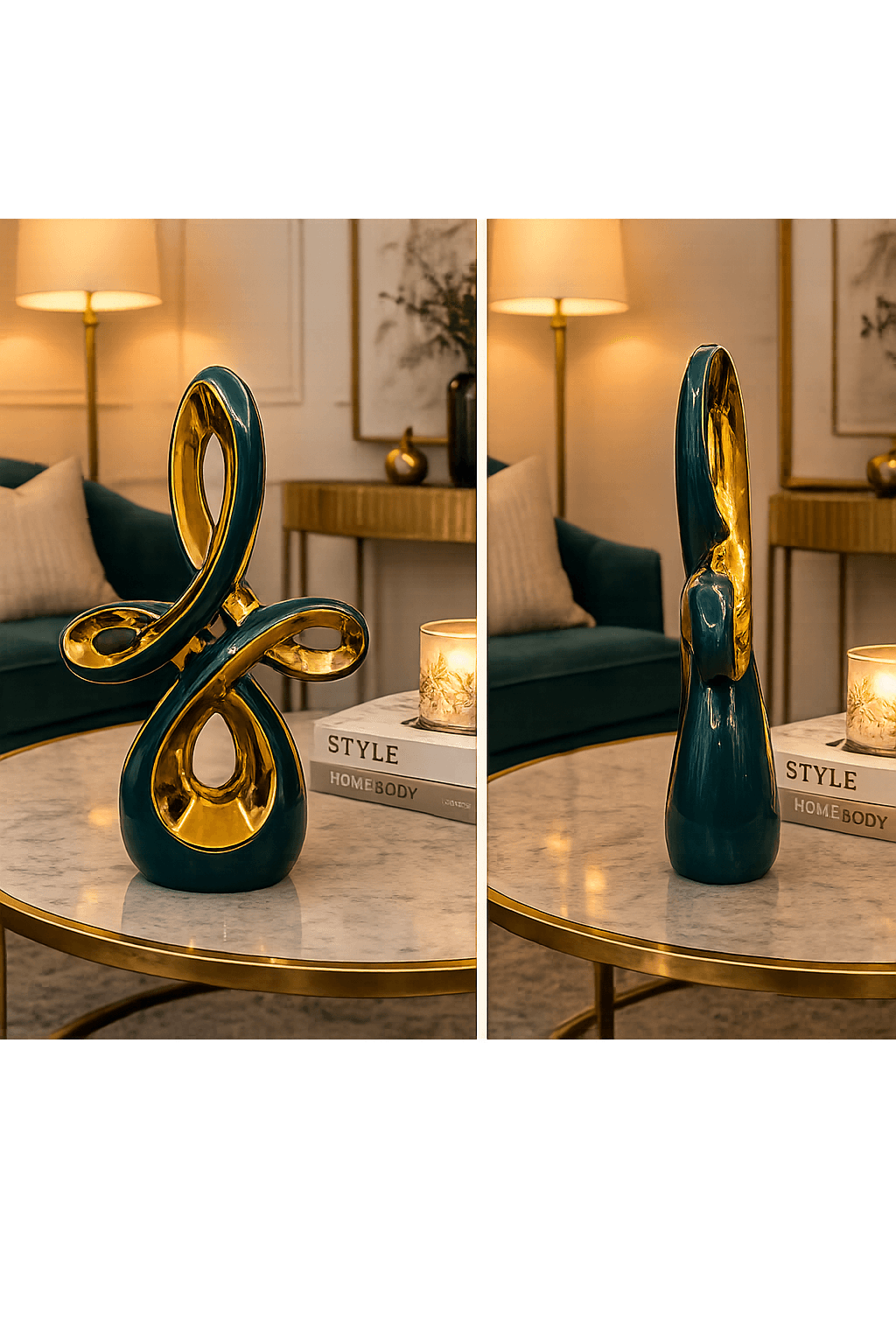 Luxury Abstract Teal & Gold Ceramic Showpiece for Living Room | Modern Home Decor Statue preview 3
