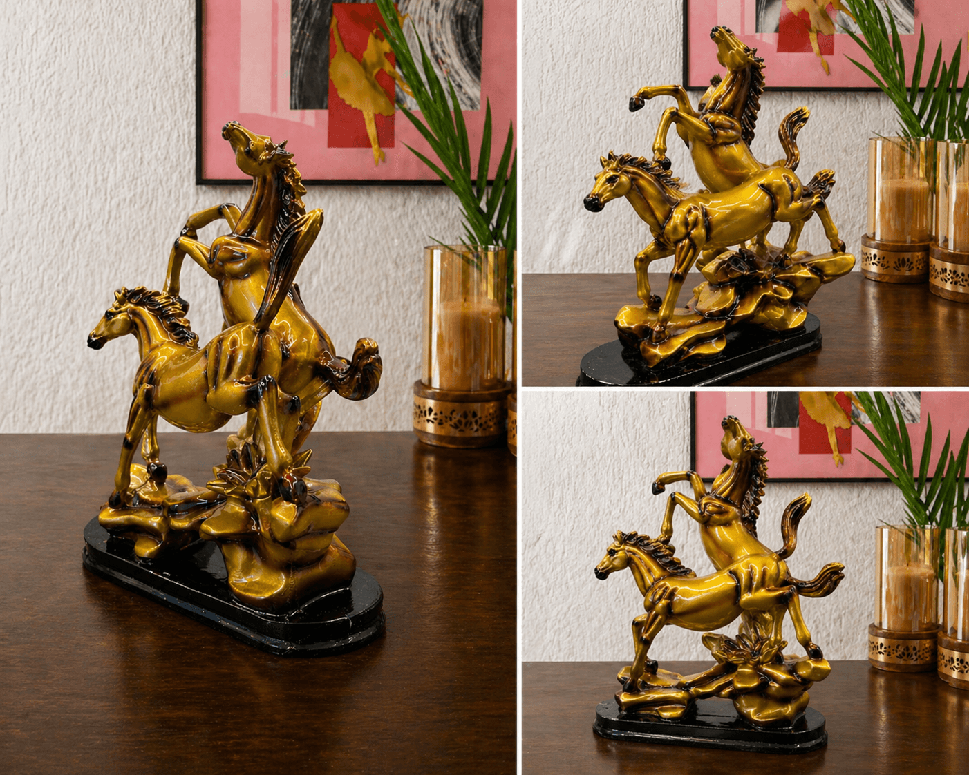 Premium golden double rearing horse statue showpiece on a wooden table for living room decor preview 4