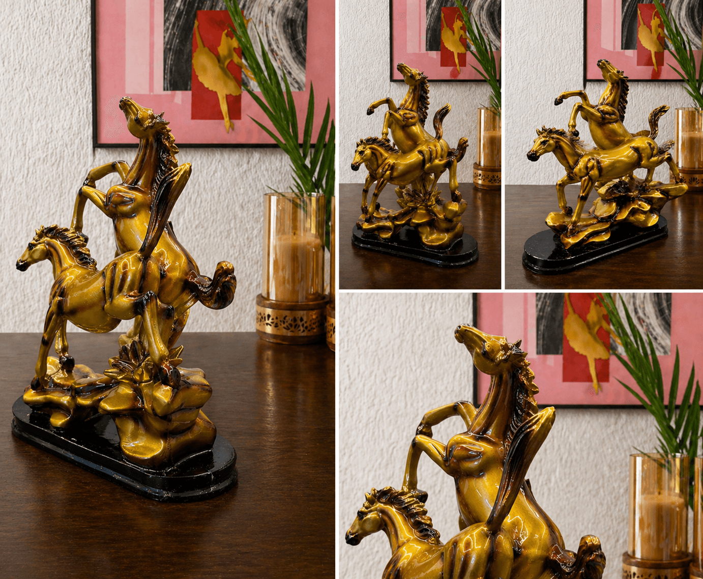 Premium golden double rearing horse statue showpiece on a wooden table for living room decor preview 5