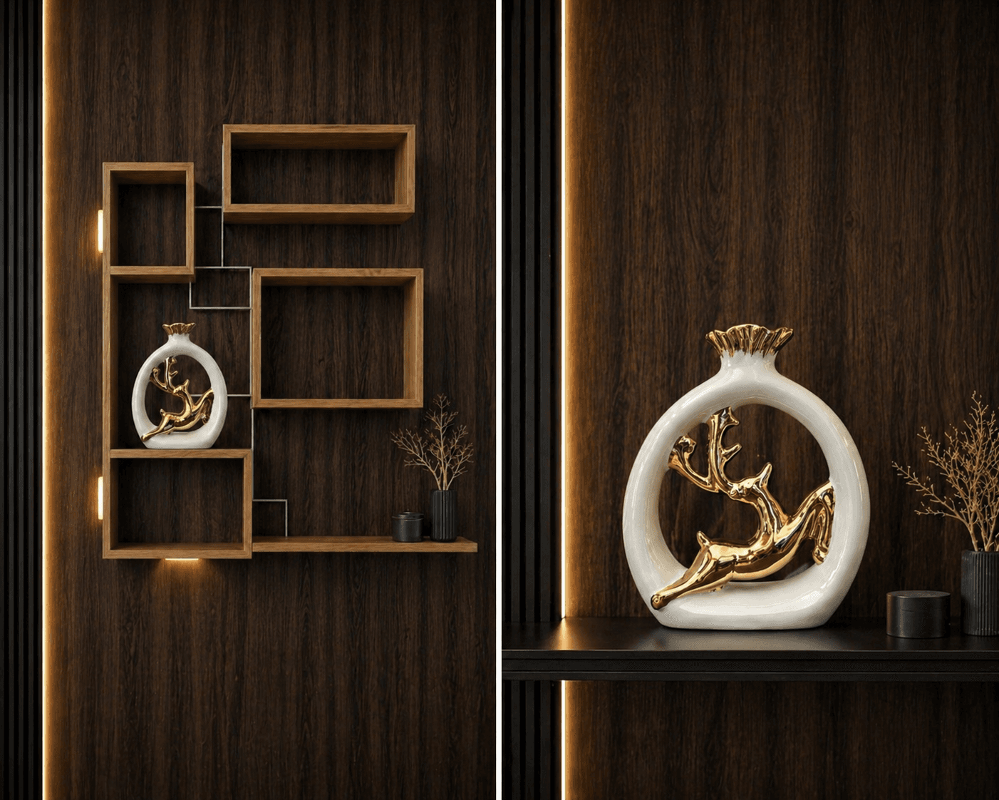 Modern white circular showpiece featuring a golden leaping deer, placed on a wooden wall shelf for elegant living room decor preview 2