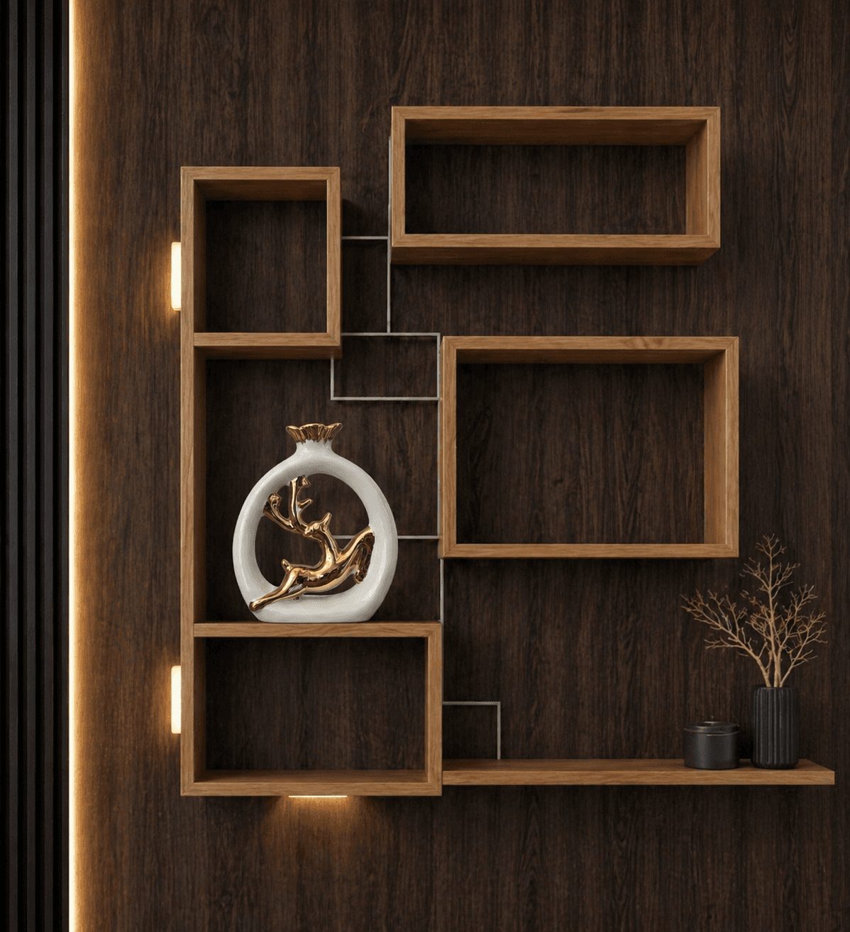 Modern white circular showpiece featuring a golden leaping deer, placed on a wooden wall shelf for elegant living room decor preview 3