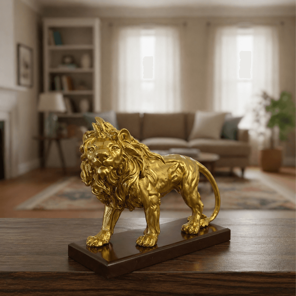 Highly detailed premium golden lion statue showpiece on a dark wooden base, placed on a table in a modern living room preview 2