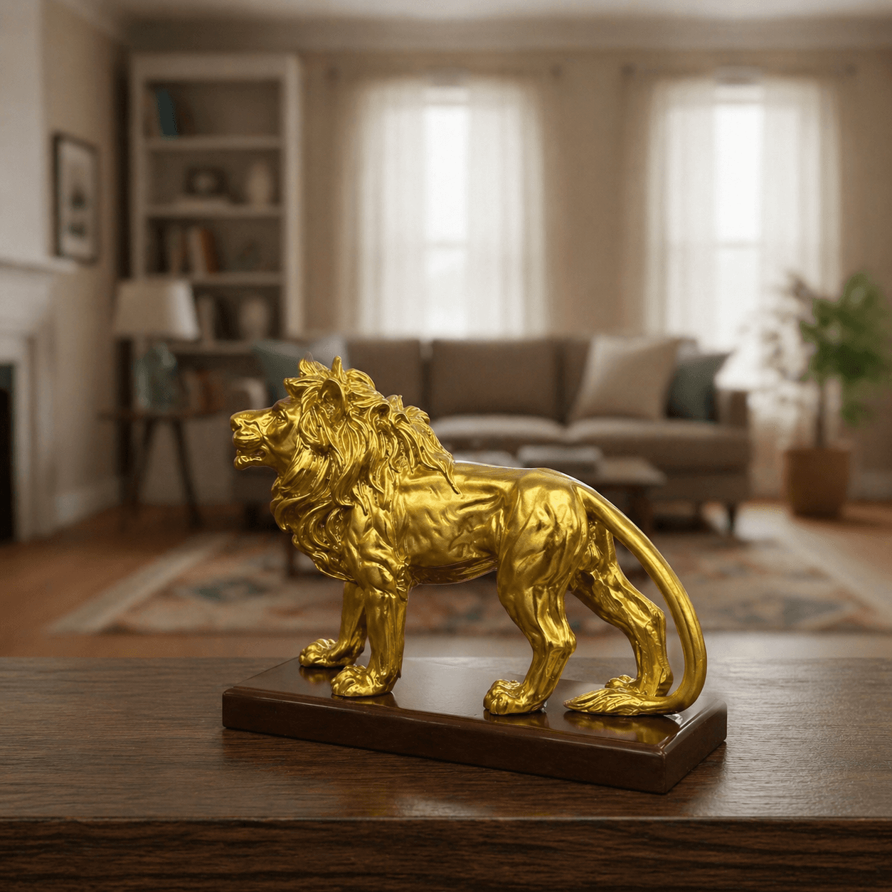 Highly detailed premium golden lion statue showpiece on a dark wooden base, placed on a table in a modern living room preview 3