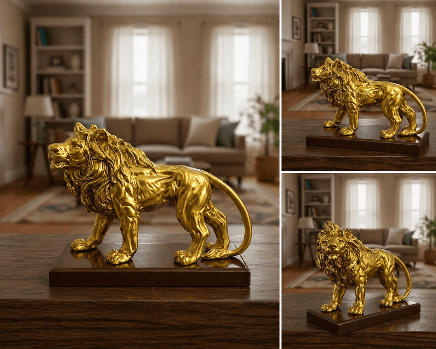 Highly detailed premium golden lion statue showpiece on a dark wooden base, placed on a table in a modern living room preview 4