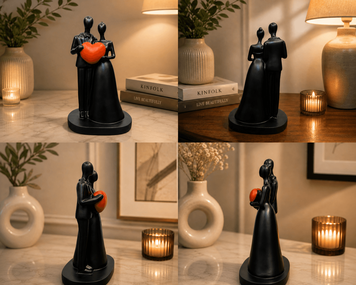 Modern black abstract sculpture of a couple holding a bright red heart, placed on a marble table with candles for romantic bedroom decor preview 5