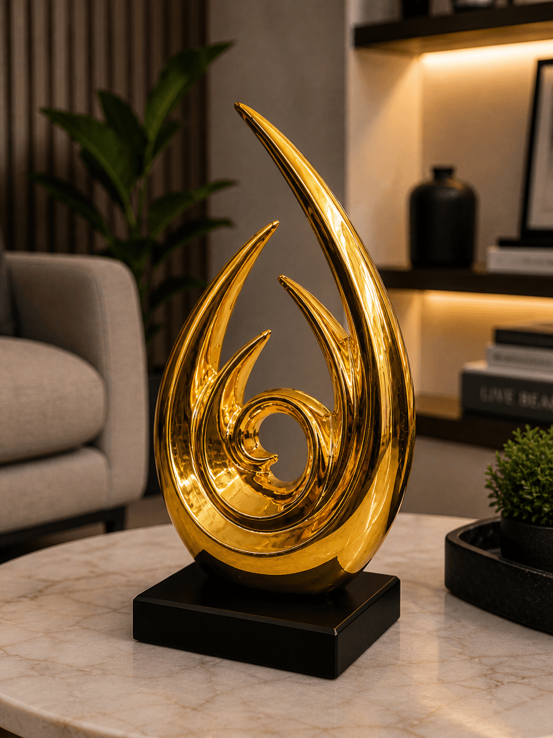 Glossy golden abstract flame sculpture on a black square base, styled on a marble center table in a modern luxury living room preview 2