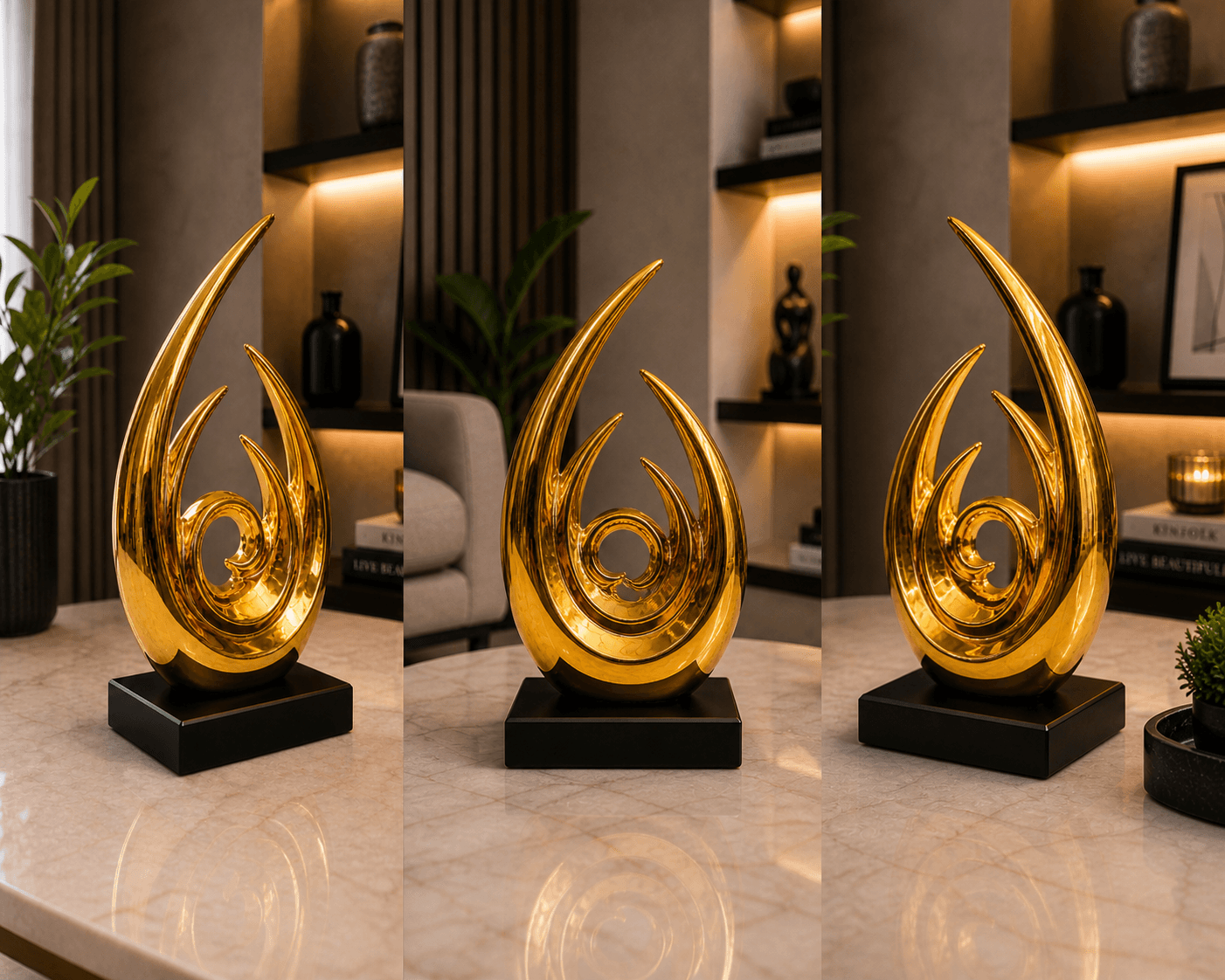 Glossy golden abstract flame sculpture on a black square base, styled on a marble center table in a modern luxury living room preview 4