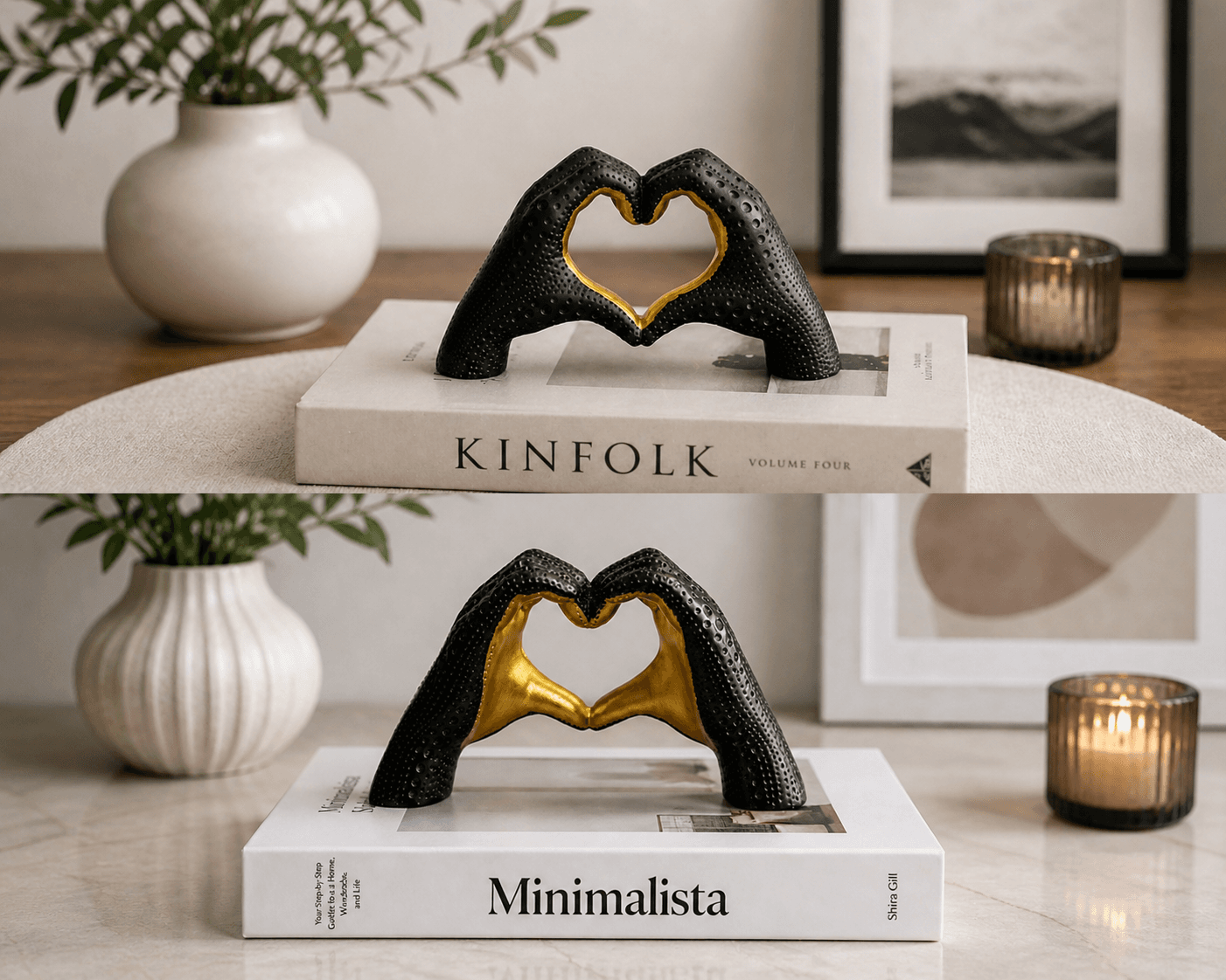 Modern black and gold textured sculpture of hands forming a heart shape, displayed on coffee table books for elegant home decor preview 3