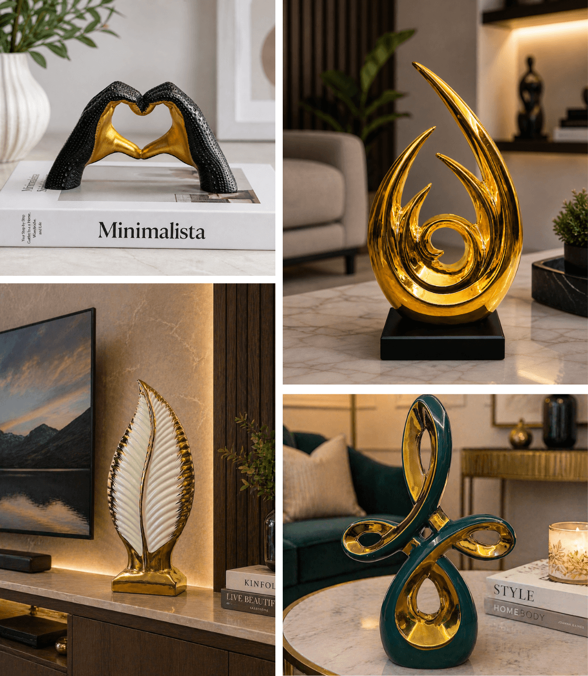 Modern black and gold textured sculpture of hands forming a heart shape, displayed on coffee table books for elegant home decor